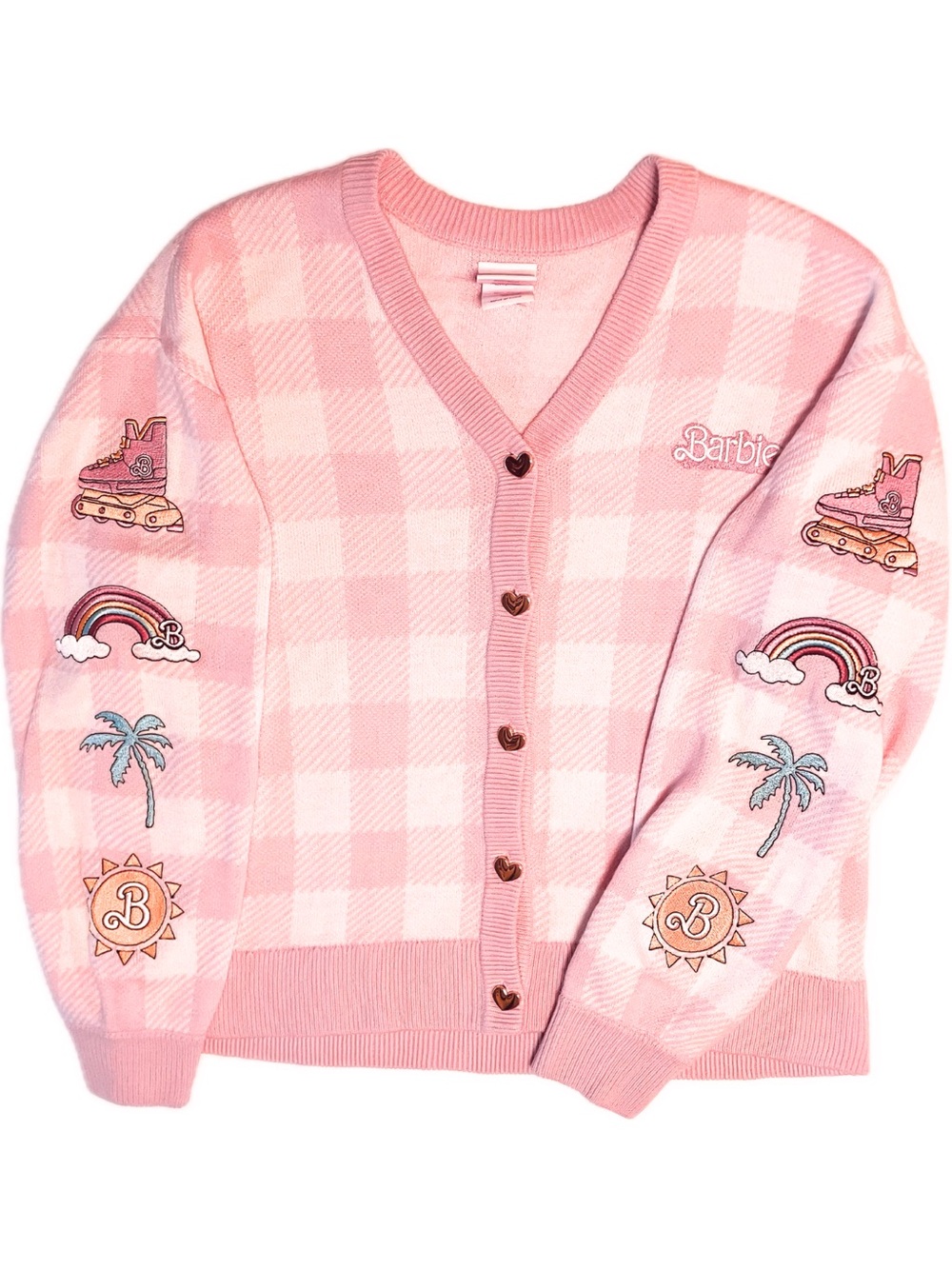Hot Topic Barbie Pink Checked Gingham Patch Cardigan/Sweater - Small